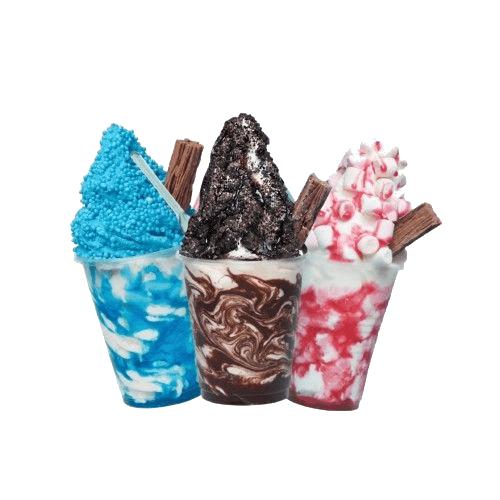 Three knickerbocker cups in blue, chocolate, and strawberry