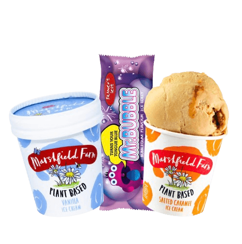 Plant-based vanilla and salted caramel tubs with a Mr Bubble lolly