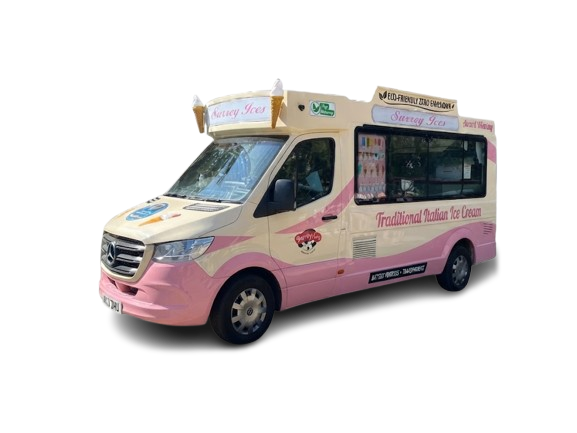 A cream and pink Surrey Ices ice cream van